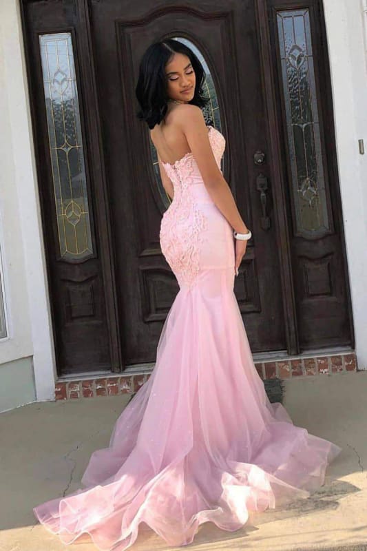 Classy Pink Sweetheart Sleeveless Lace Mermaid Prom Dresses with Train Evening Dresses Graduation Dress DP476