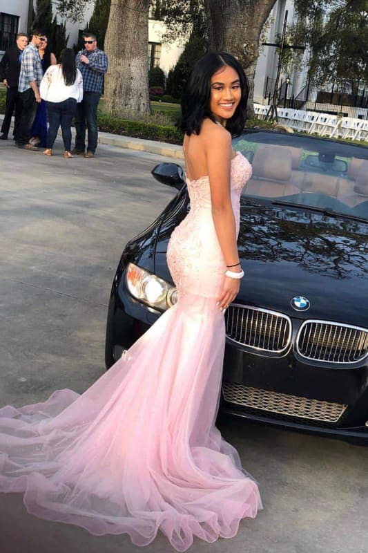 Classy Pink Sweetheart Sleeveless Lace Mermaid Prom Dresses with Train Evening Dresses Graduation Dress DP476