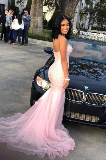 Classy Pink Sweetheart Sleeveless Lace Mermaid Prom Dresses with Train Evening Dresses Graduation Dress DP476