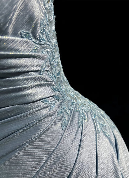 Classy Elegant Blue Spaghetti Strap Prom Gown Pleated Sweetheart Neckline Sexy Backless Prom Dress DP479