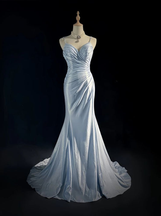 Classy Elegant Blue Spaghetti Strap Prom Gown Pleated Sweetheart Neckline Sexy Backless Prom Dress DP479