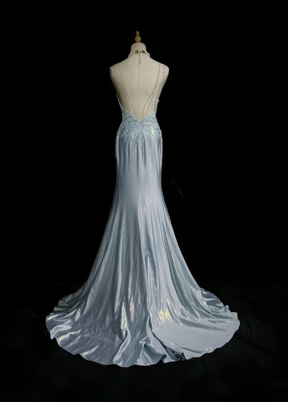 Classy Elegant Blue Spaghetti Strap Prom Gown Pleated Sweetheart Neckline Sexy Backless Prom Dress DP479