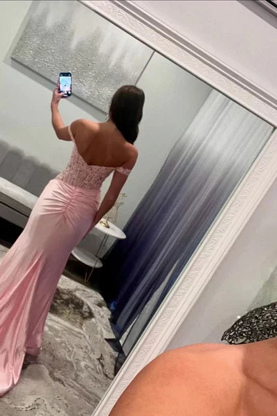 Pink Off-the-Shoulder Long Mermaid Prom Dress with Slit Graduation Dress DP480
