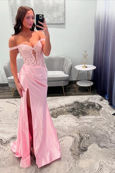 Pink Off-the-Shoulder Long Mermaid Prom Dress with Slit Graduation Dress DP480