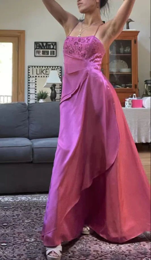 Classy Fuchsia Spaghetti Straps Satin A-Line Beaded Long Prom Dress Bridesmaid Dresses Long formal Dress DP488
