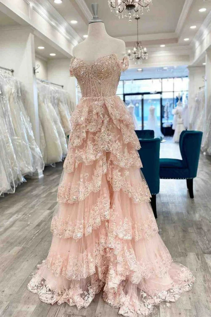 Pretty Off the Shoulder High Slit Pink Lace Long Prom Dress with Train, Off the Shoulder Pink Formal Dress Graduation Dress DP489