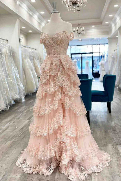 Pretty Off the Shoulder High Slit Pink Lace Long Prom Dress with Train, Off the Shoulder Pink Formal Dress Graduation Dress DP489