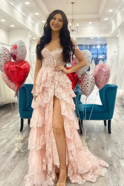 Pretty Off the Shoulder High Slit Pink Lace Long Prom Dress with Train, Off the Shoulder Pink Formal Dress Graduation Dress DP489