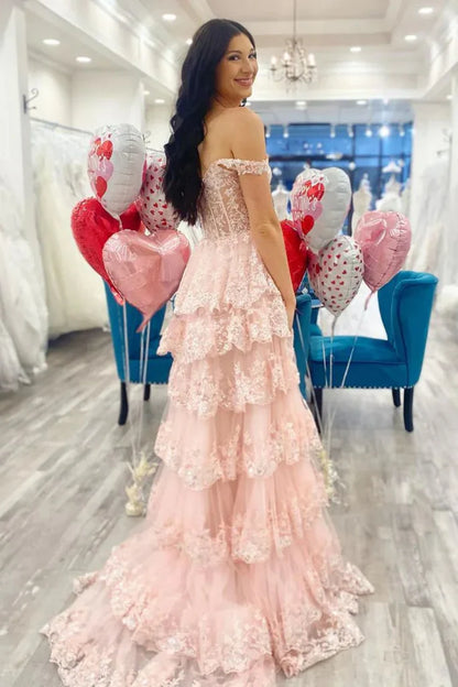Pretty Off the Shoulder High Slit Pink Lace Long Prom Dress with Train, Off the Shoulder Pink Formal Dress Graduation Dress DP489