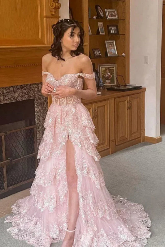Pretty Off the Shoulder High Slit Pink Lace Long Prom Dress with Train, Off the Shoulder Pink Formal Dress Graduation Dress DP489