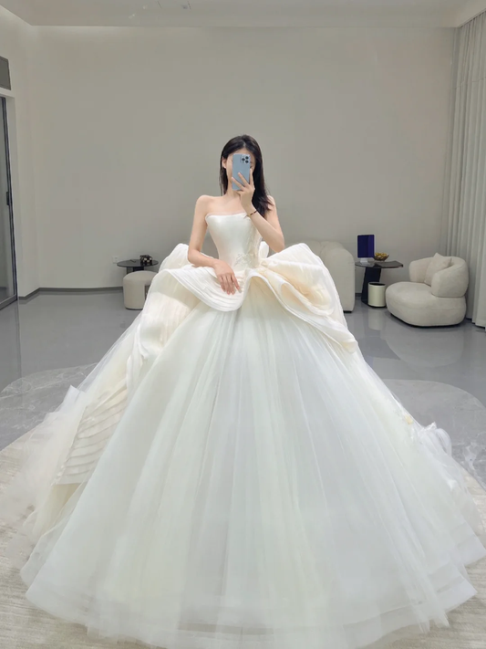 Timeless Ball Gown Strapless Long Satin White Sweep Train Wedding Dresses Brides Dress DP500