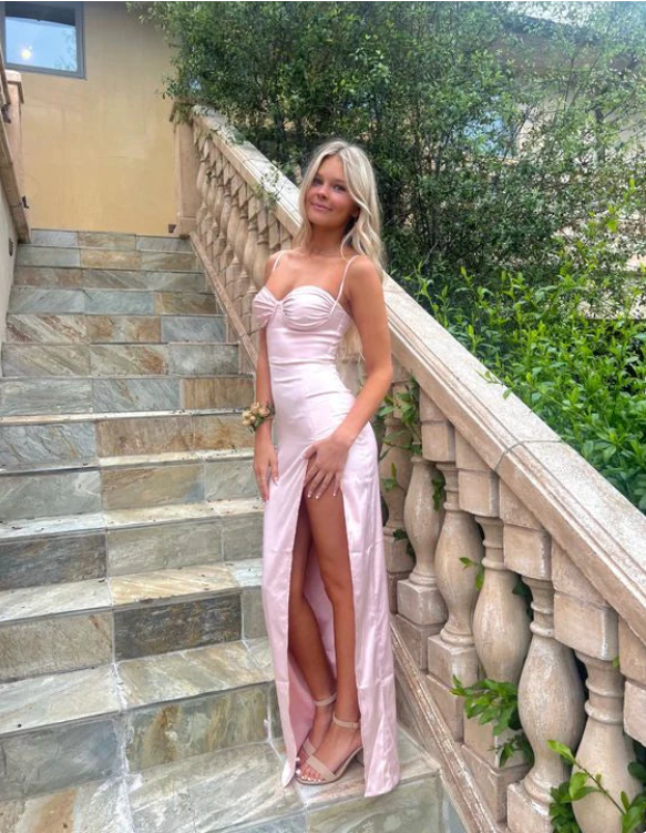 Pink Spaghetti Straps Sheath Satin Long Prom Dress Simple Evening Party Dress Formal Dress With Slit DP500