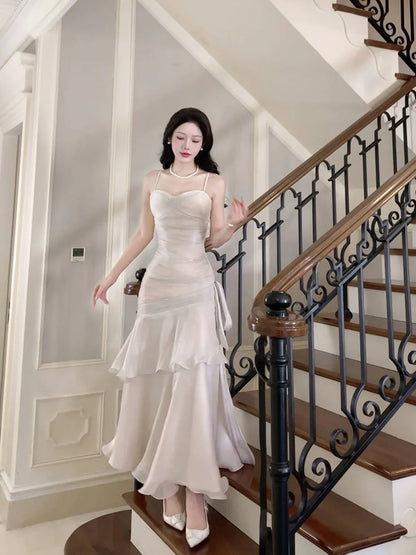 White Satin Sweetheart Mermaid Straps Long Party Dress, White Satin Prom Dress Formal Dress DP502