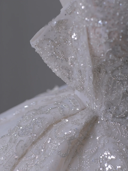 Timeless Ball Gown Off The Shoulder Short Sleeves Long Satin White Sweep Train Wedding Dresses Brides Dress DP503