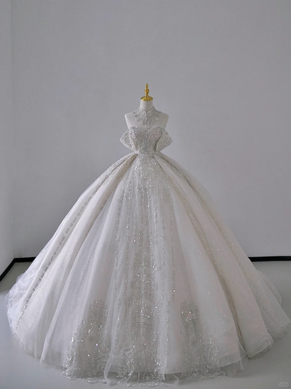 Timeless Ball Gown Off The Shoulder Short Sleeves Long Satin White Sweep Train Wedding Dresses Brides Dress DP503