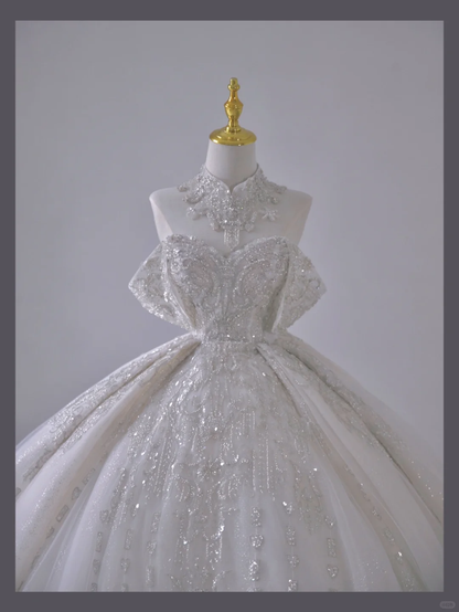 Timeless Ball Gown Off The Shoulder Short Sleeves Long Satin White Sweep Train Wedding Dresses Brides Dress DP503