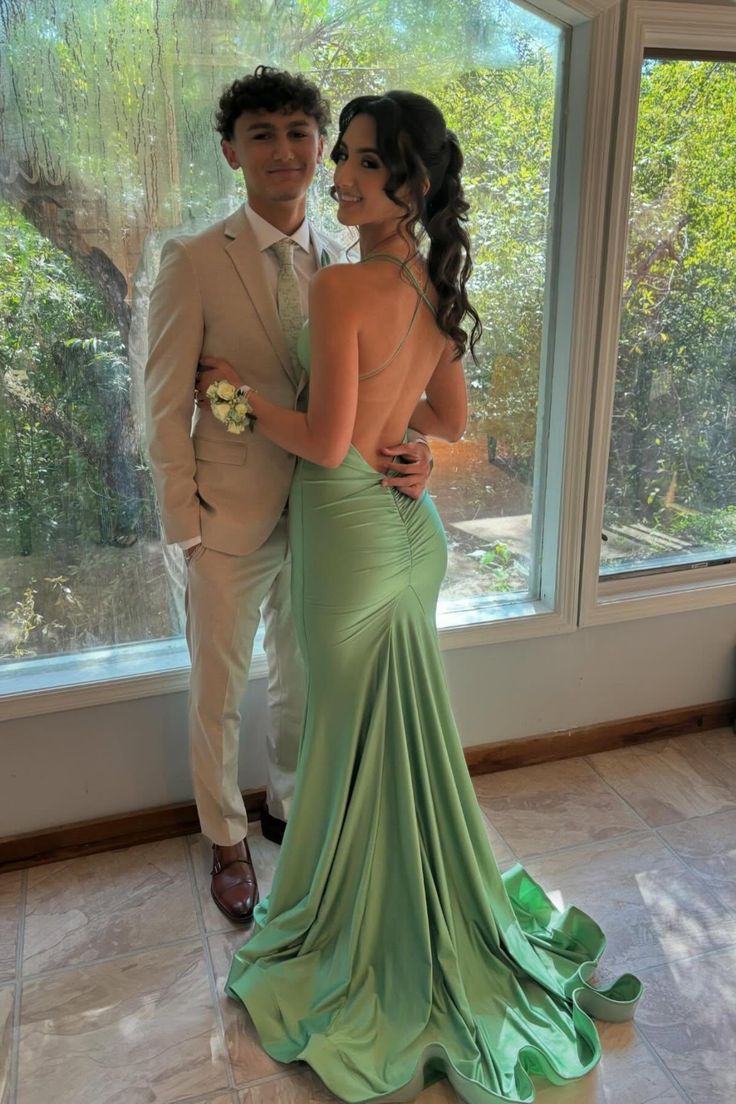 Mermaid Straps Green Satin Mermaid Long Prom Dress Backless Formal Dresses DP504