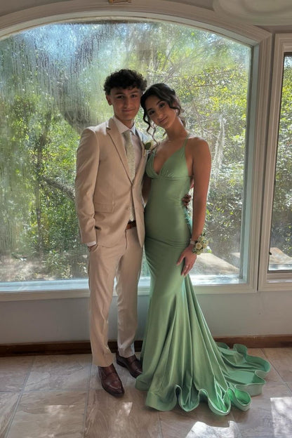 Mermaid Straps Green Satin Mermaid Long Prom Dress Backless Formal Dresses DP504