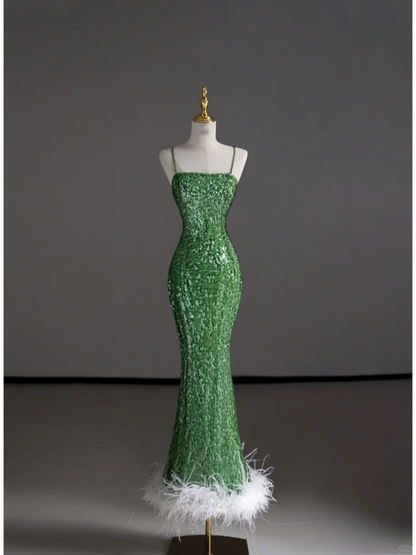 Gorgeous Sheath Spaghetti Straps Green Sleeveless Sequin Long Prom Dresses Graduation Dresses DP504
