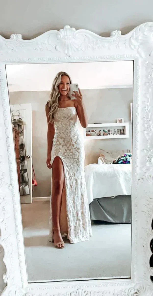 Simple Mermaid White Prom Dress Modest Slit Evening Dresses Formal Dresses DP506