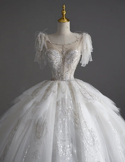 Timeless Ball Gown Scoop Short Sleeves Long Satin White Sweep Train Wedding Dresses Brides Dress DP507