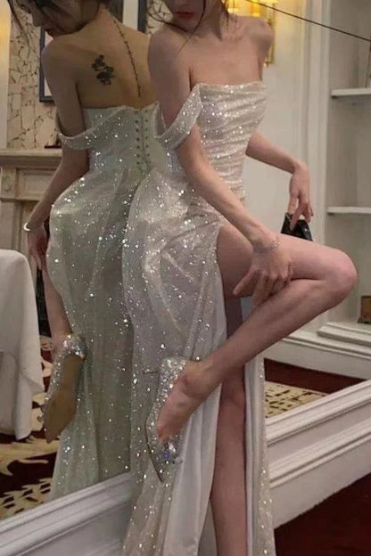 Sparkling Mermaid Off the Shoulder Silver Sequins Long Prom Dress with Split Front Formal Dresses DP507