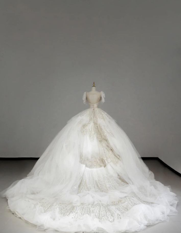 Timeless Ball Gown Scoop Short Sleeves Long Satin White Sweep Train Wedding Dresses Brides Dress DP507