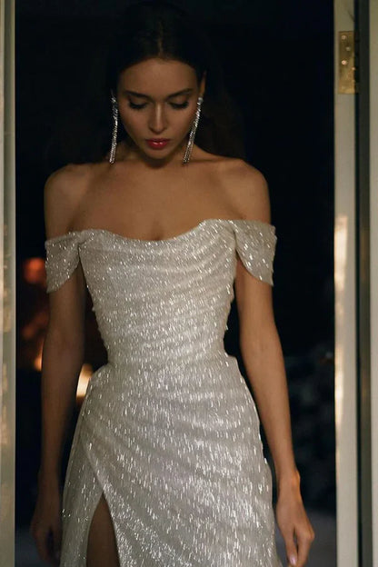 Sparkling Mermaid Off the Shoulder Silver Sequins Long Prom Dress with Split Front Formal Dresses DP507