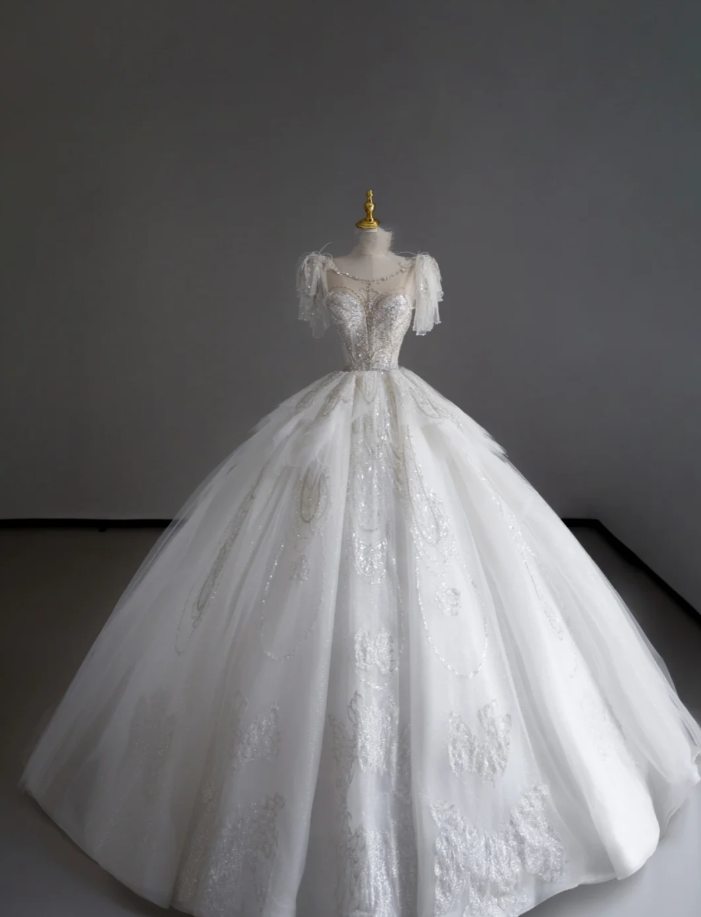 Timeless Ball Gown Scoop Short Sleeves Long Satin White Sweep Train Wedding Dresses Brides Dress DP507