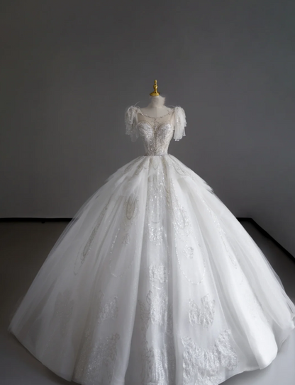 Timeless Ball Gown Scoop Short Sleeves Long Satin White Sweep Train Wedding Dresses Brides Dress DP507