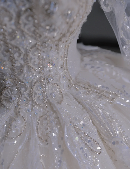 Timeless Ball Gown V Neckline Long Sleeves Long Satin White Sweep Train Wedding Dresses Brides Dress DP509