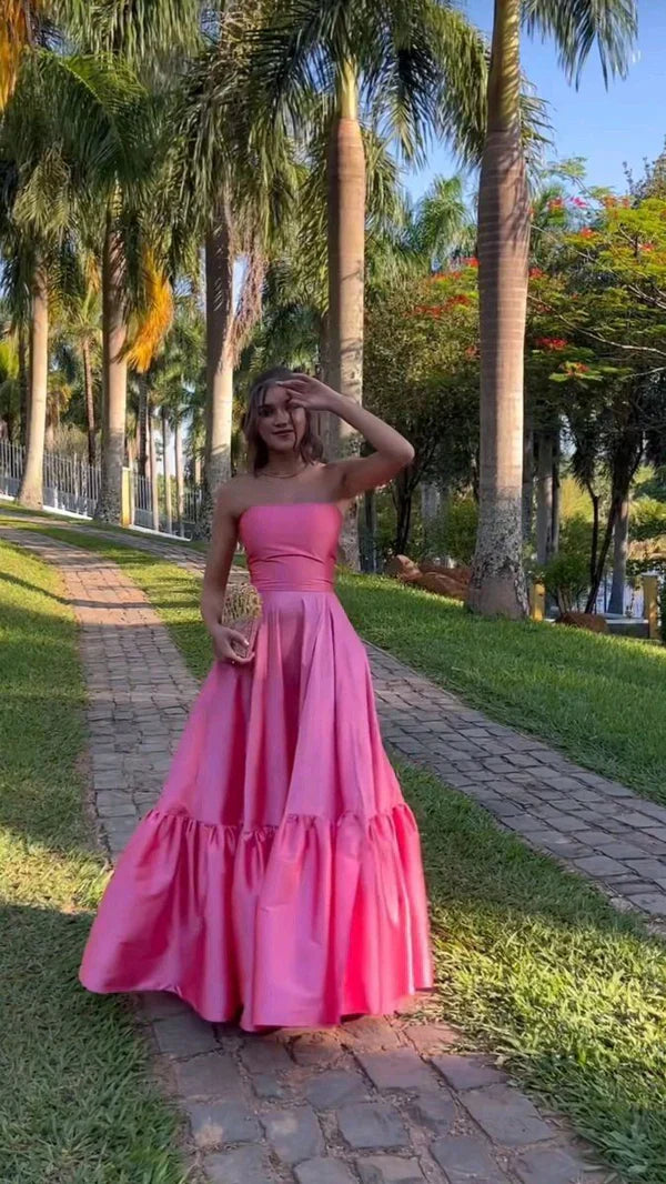 Classy Ball Gown Strapless Pink Floor Length Satin Slit Prom Dresses Evening Gowns Graduation Formal Dresses DP509