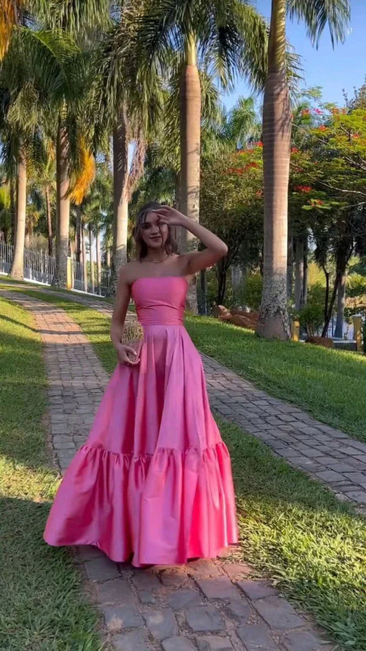 Classy Ball Gown Strapless Pink Floor Length Satin Slit Prom Dresses Evening Gowns Graduation Formal Dresses DP509