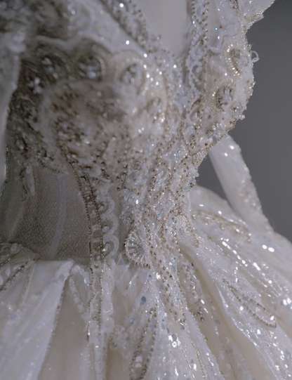 Timeless Ball Gown V Neckline Long Sleeves Long Satin White Sweep Train Wedding Dresses Brides Dress DP509