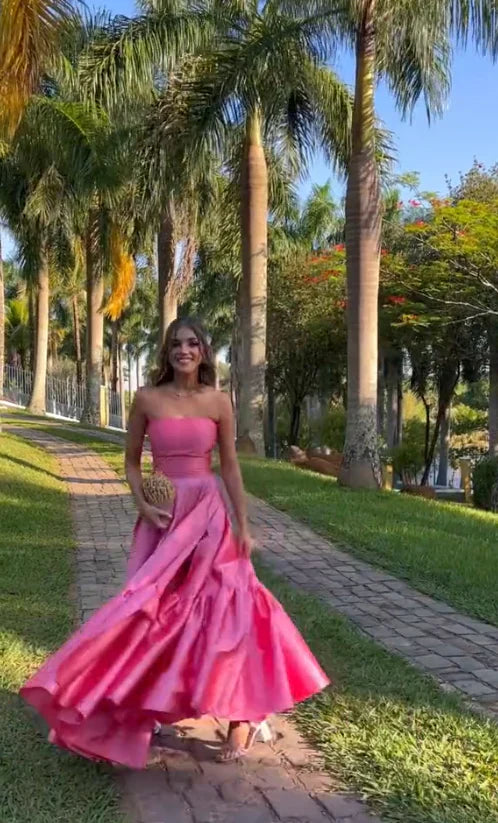 Classy Ball Gown Strapless Pink Floor Length Satin Slit Prom Dresses Evening Gowns Graduation Formal Dresses DP509