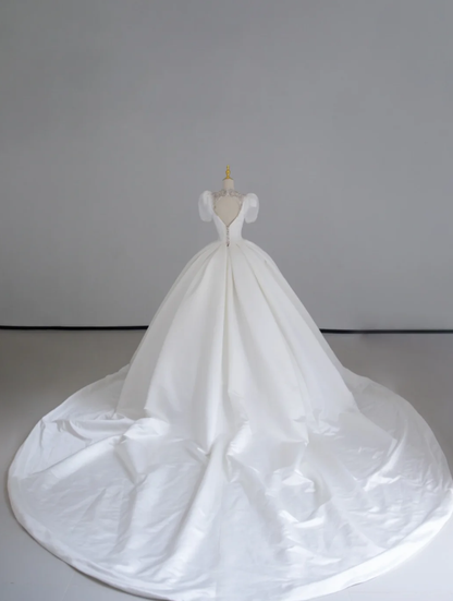 Timeless Ball Gown Scoop Neckline Short Sleeves Long Satin White Sweep Train Wedding Dresses Brides Dress DP513