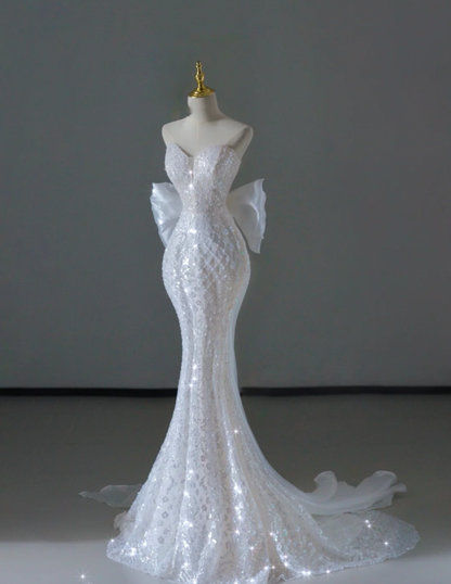 Dreamy Mermaid Off The Shoulder Sequin Long White Wedding Dresses Summer Brides Dress DP515