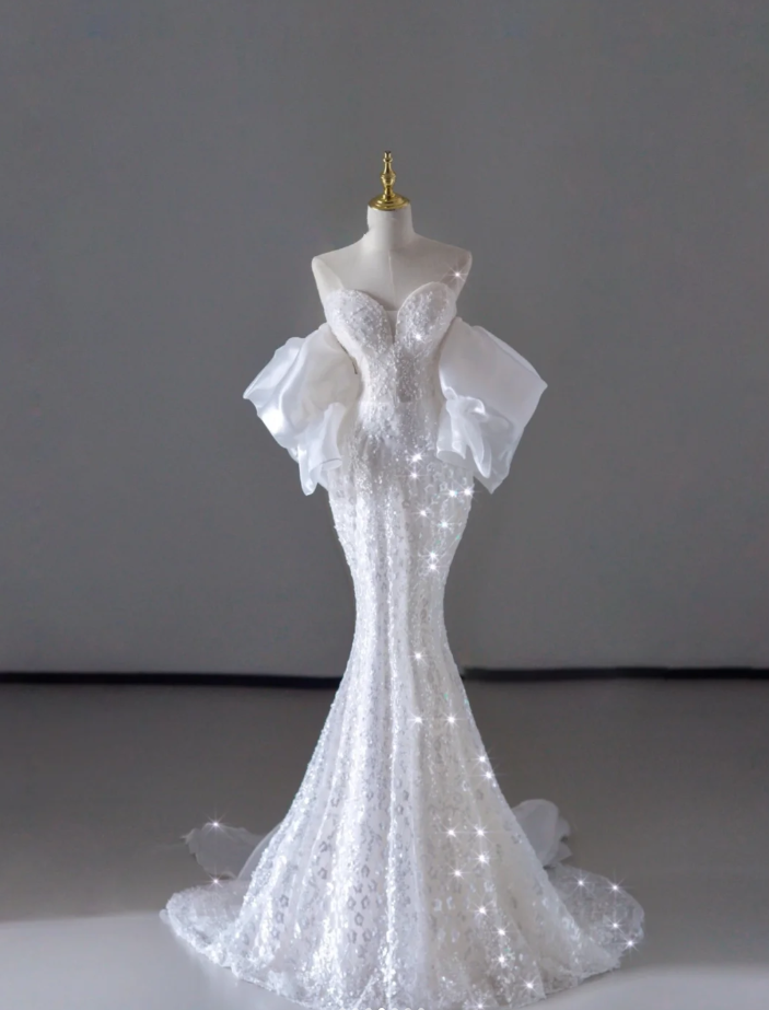 Dreamy Mermaid Off The Shoulder Sequin Long White Wedding Dresses Summer Brides Dress DP515