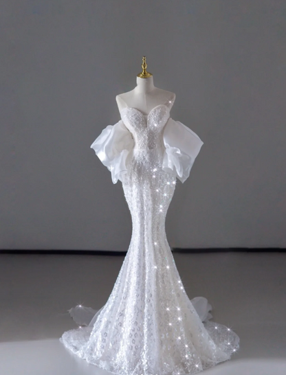 Dreamy Mermaid Off The Shoulder Sequin Long White Wedding Dresses Summer Brides Dress DP515