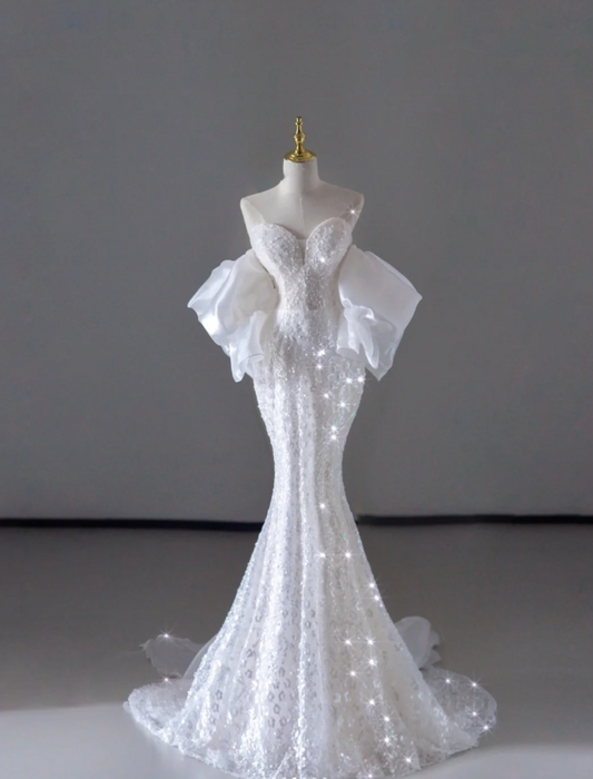 Dreamy Mermaid Off The Shoulder Sequin Long White Wedding Dresses Summer Brides Dress DP515