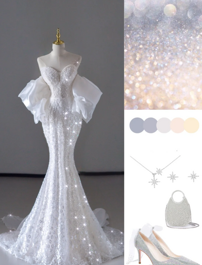 Dreamy Mermaid Off The Shoulder Sequin Long White Wedding Dresses Summer Brides Dress DP515