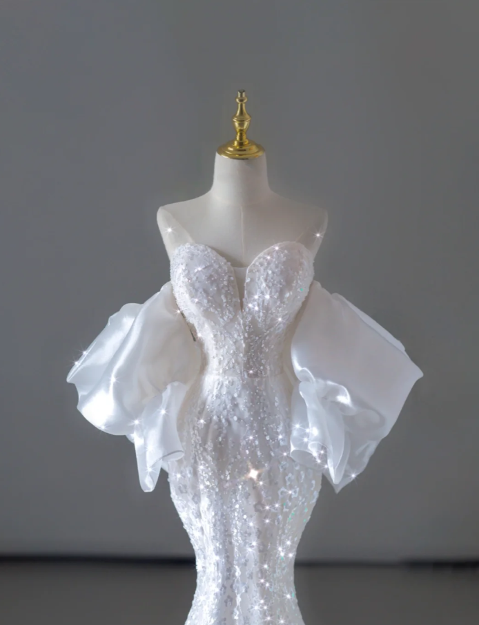 Dreamy Mermaid Off The Shoulder Sequin Long White Wedding Dresses Summer Brides Dress DP515