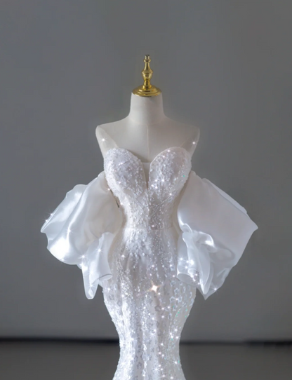 Dreamy Mermaid Off The Shoulder Sequin Long White Wedding Dresses Summer Brides Dress DP515