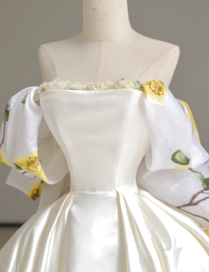 Dreamy Ball Gown Off The Shoulder Satin Long Floral Wedding Dresses Summer Brides Dress DP518