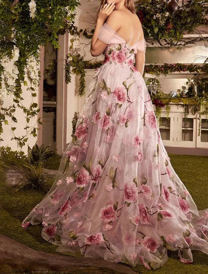 Classy Prom Dresses Floral Dress Formal Wedding Guest Sweep Train Sleeveless Off Shoulder Lace Graduation Dresses DP520