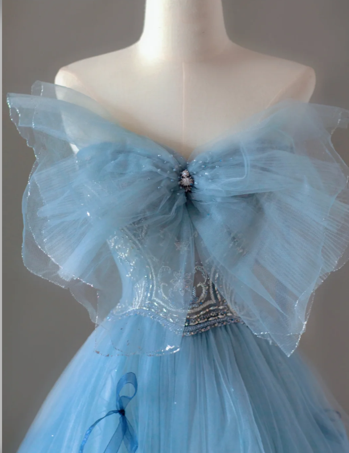 Pretty Ball Gown Strapless Blue Tulle l Sleeveless Long Prom Dresses Evening Dresses DP520