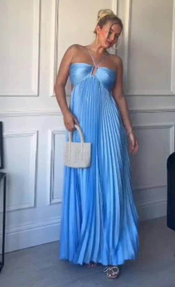 Classy A line Halter Blue Sleeveless Hollow pleated long Prom dresses Graduation Dresses DP521