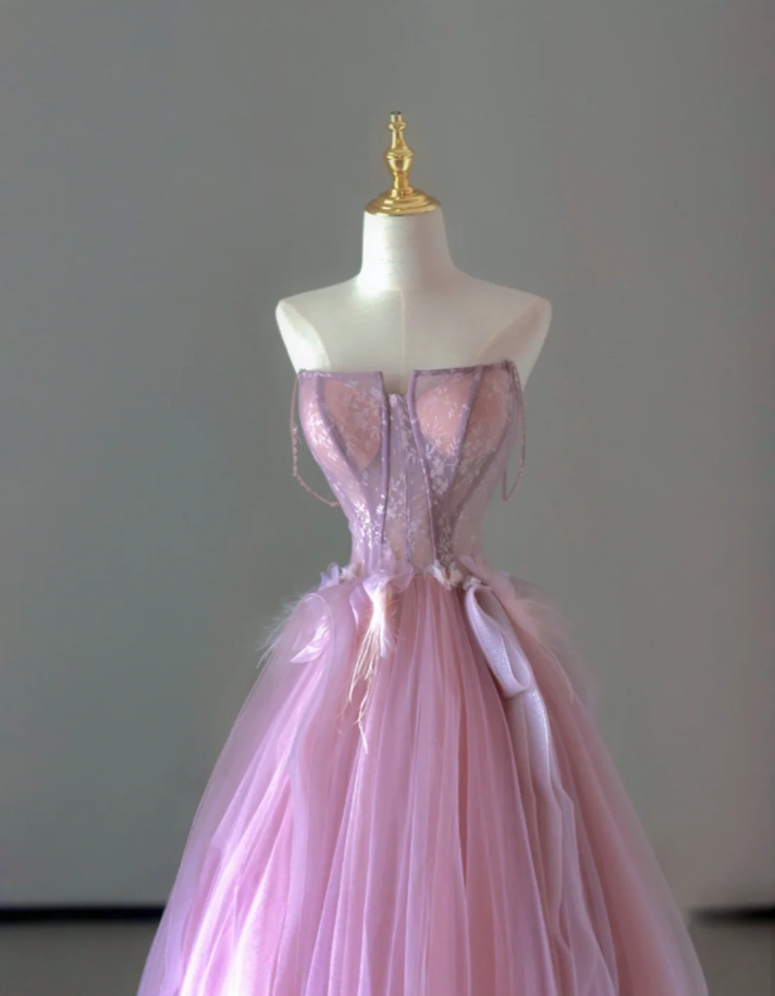 Pretty Ball Gown Strapless Pink Tulle l Sleeveless Long Prom Dresses Evening Dresses DP521