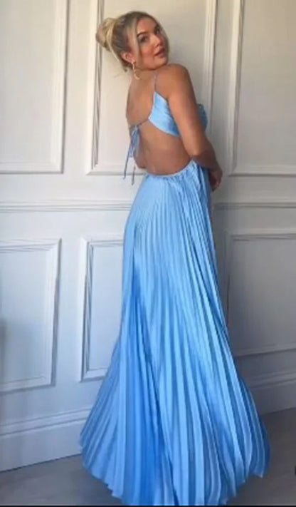 Classy A line Halter Blue Sleeveless Hollow pleated long Prom dresses Graduation Dresses DP521