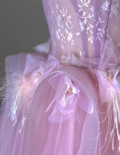 Pretty Ball Gown Strapless Pink Tulle l Sleeveless Long Prom Dresses Evening Dresses DP521